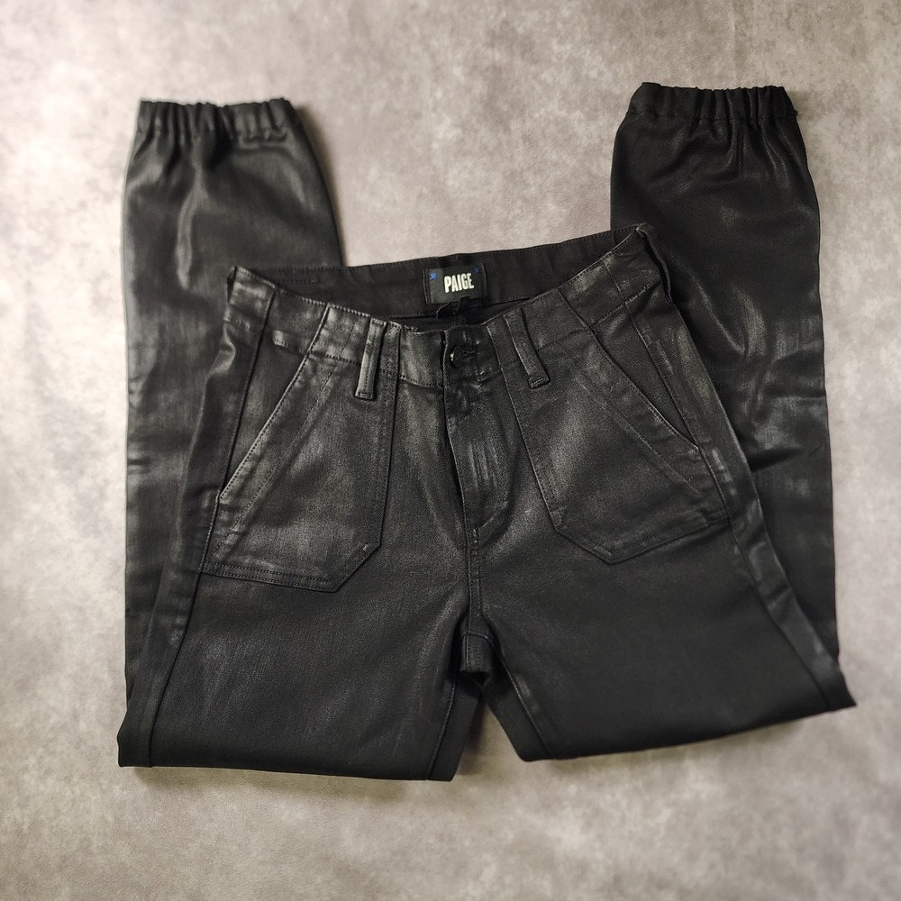 PAIGE Mayslie Coated Jogger Pants Size 25 Black Faux‎ Leather Look Ankle Zip
